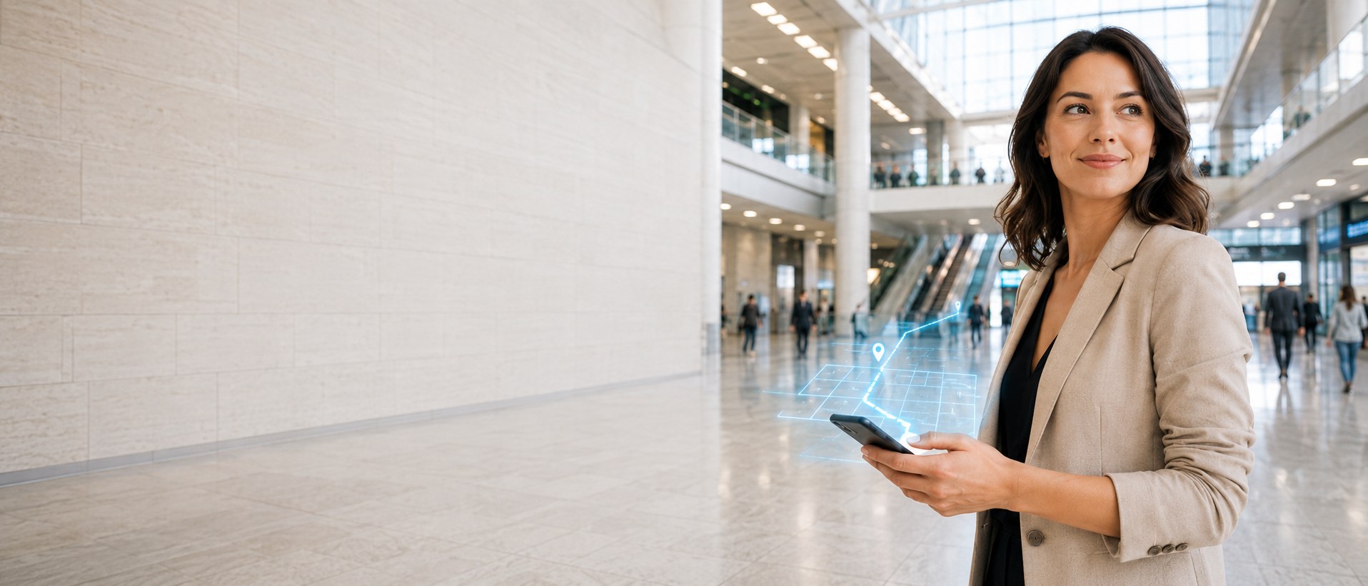 A visitor following an indoor route through a large modern atrium