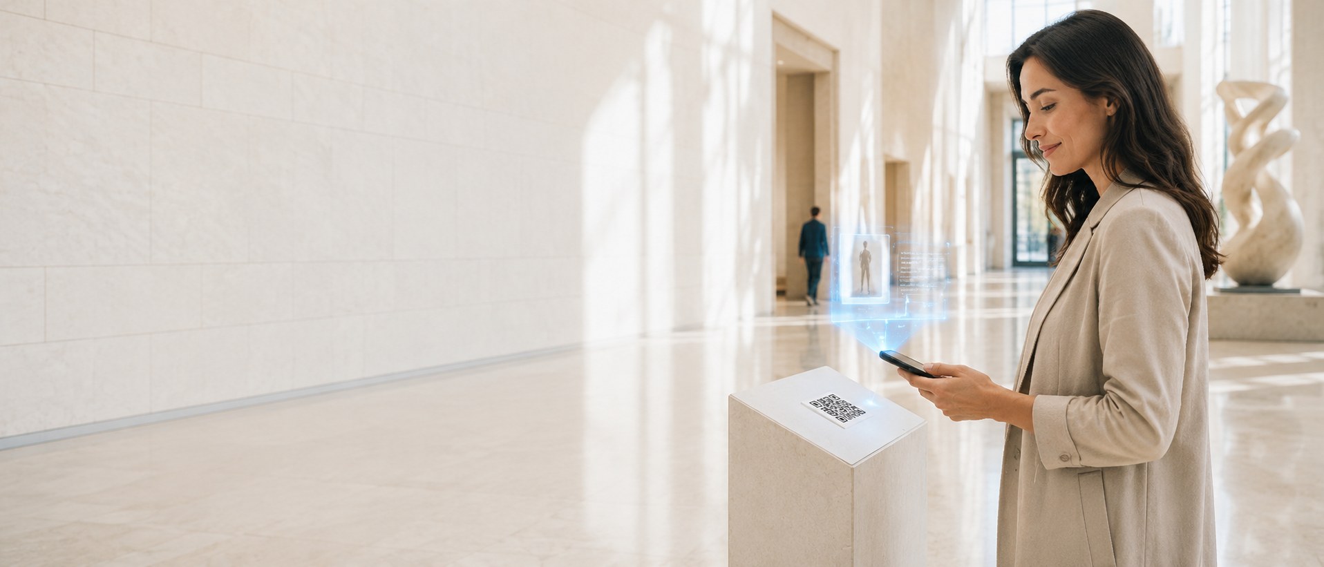 A gallery visitor using a smartphone at a QR and contactless information point