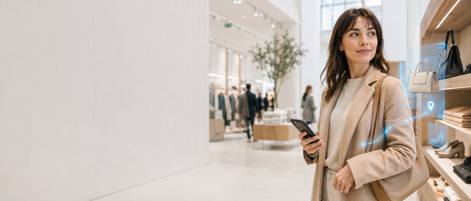 A shopper using a location-aware mobile service in a contemporary retail space