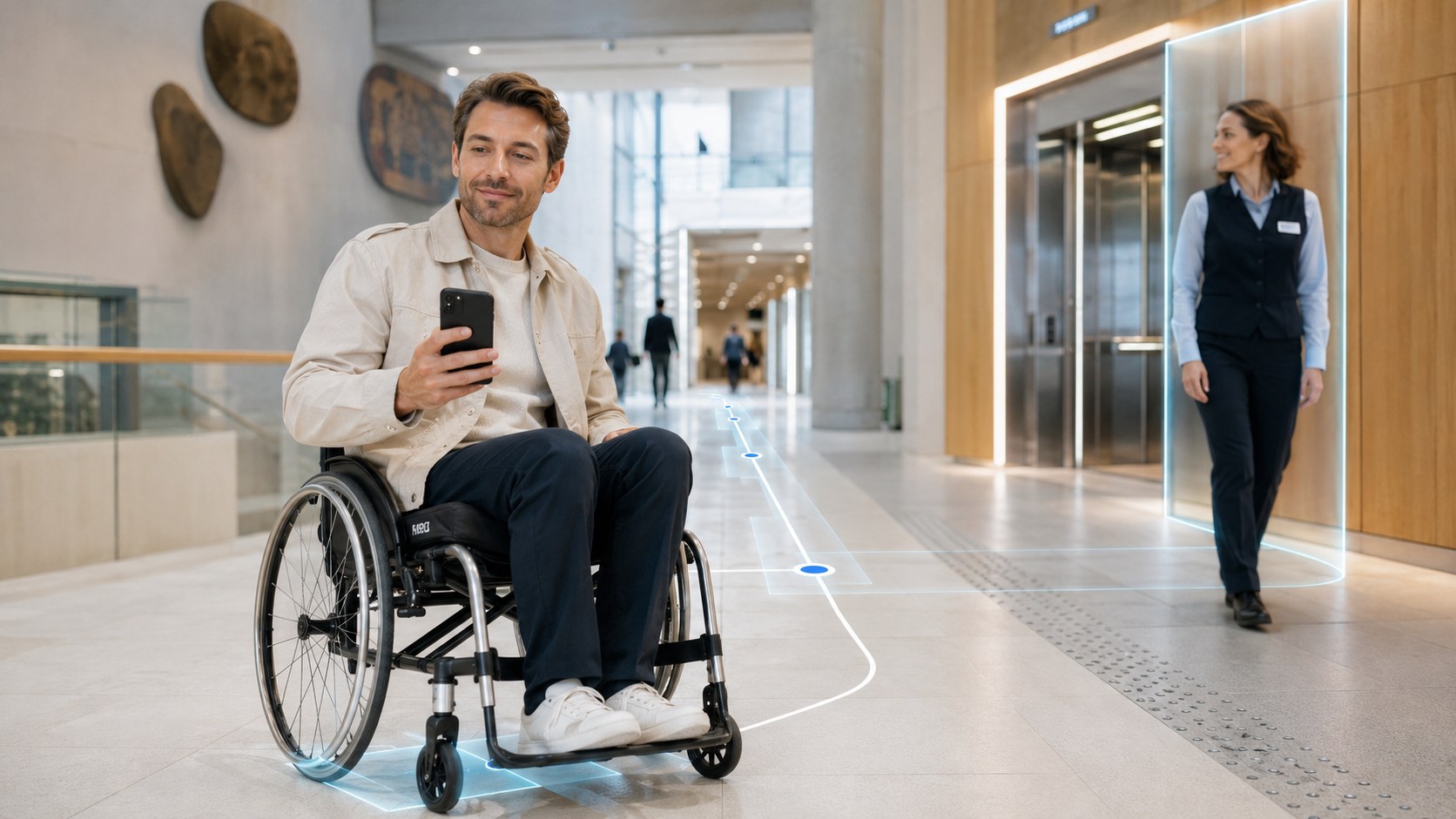 A wheelchair user following an accessible digital route towards a lift