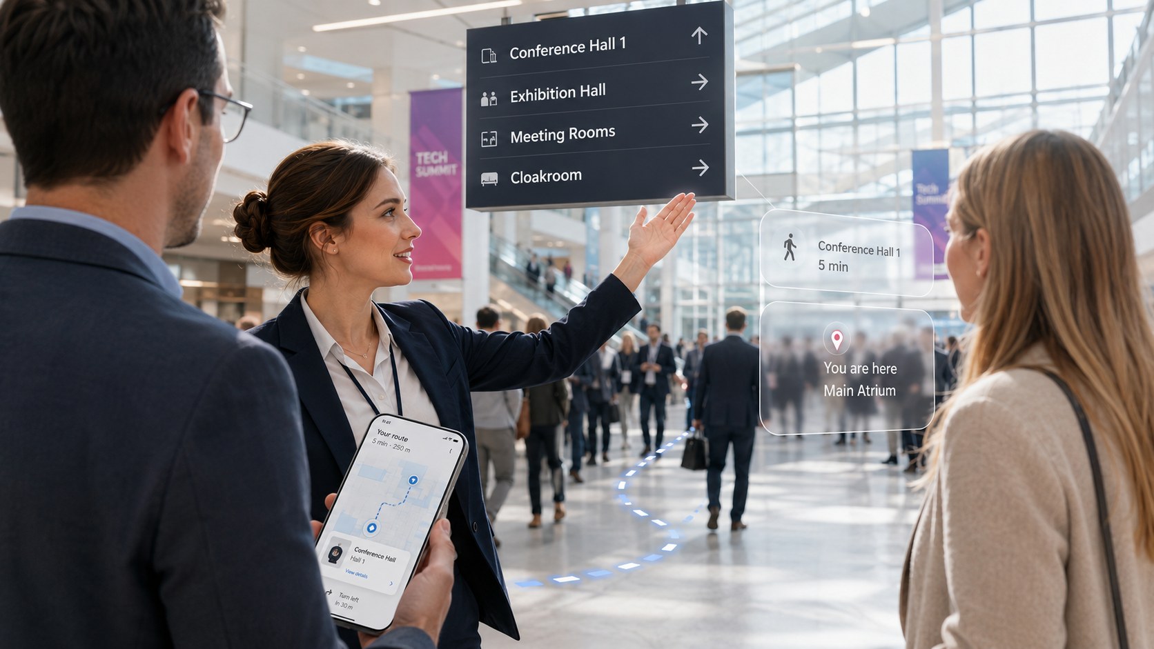 Conference attendees receiving digital and physical wayfinding support