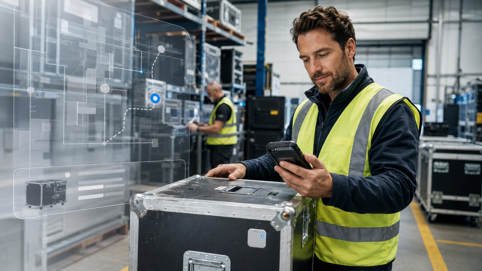 A facilities operator checking a tagged equipment case in a warehouse